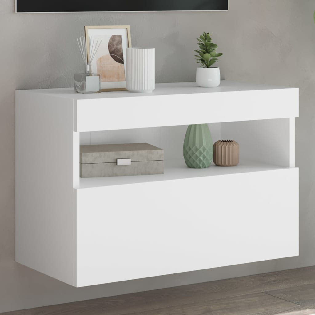 Sieninė TV spintelė su LED lemputėmis, balta, 60x30x40cm