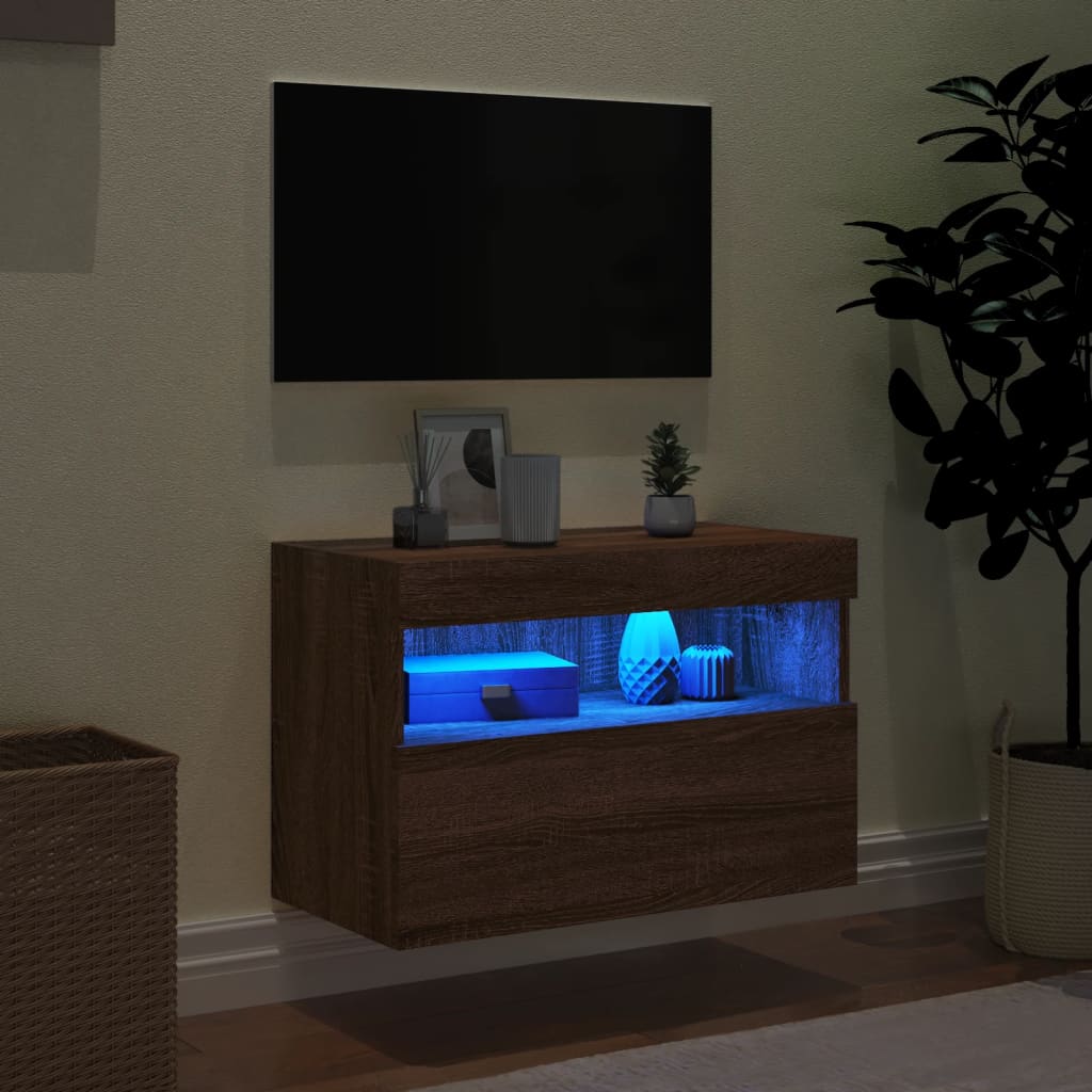 Wall-mounted TV Cabinet with LED Lights, Brown Oak, 60x30x40cm