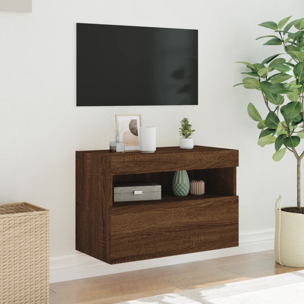 Wall-mounted TV Cabinet with LED Lights, Brown Oak, 60x30x40cm