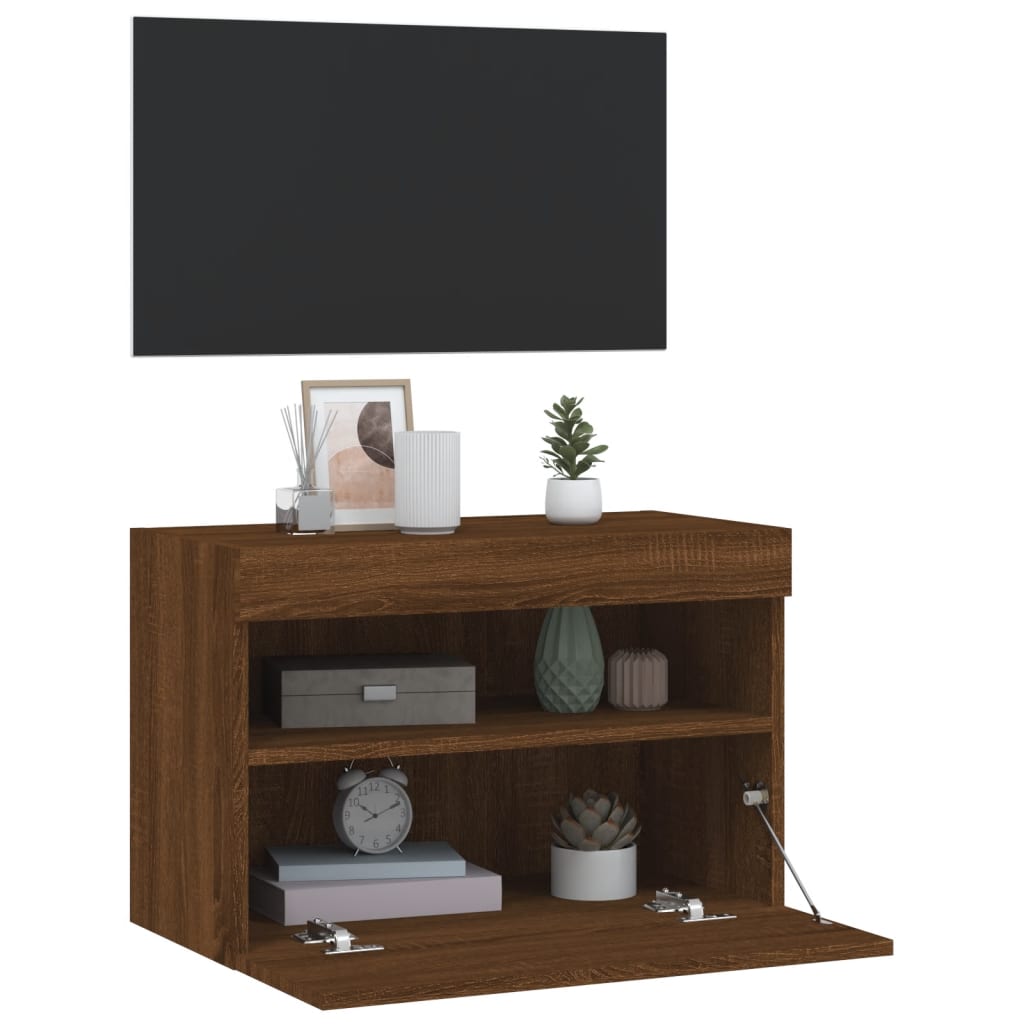 Wall-mounted TV Cabinet with LED Lights, Brown Oak, 60x30x40cm
