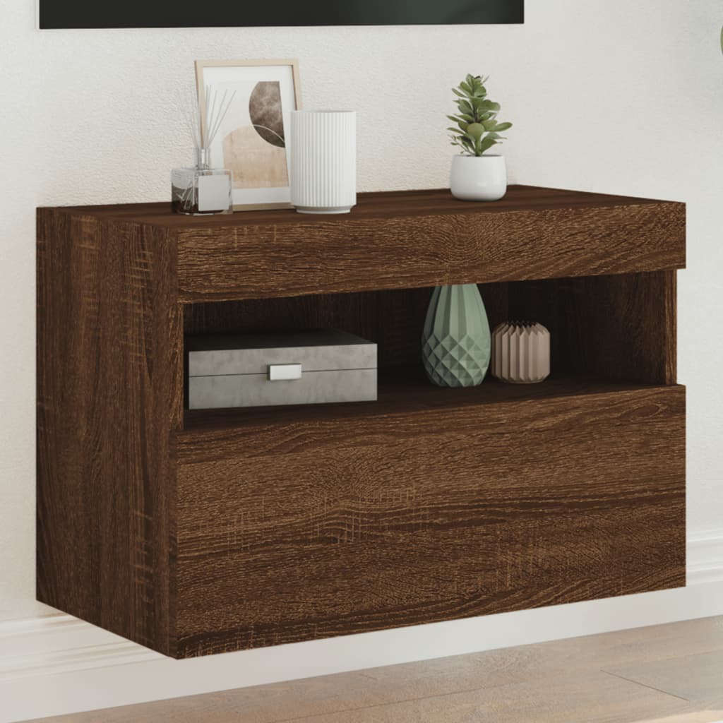 Wall-mounted TV Cabinet with LED Lights, Brown Oak, 60x30x40cm
