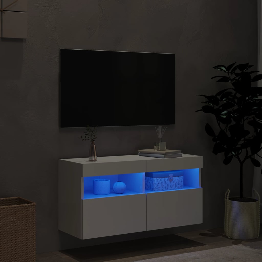 Sienas TV skapis ar LED gaismām, balts, 80x30x40 cm