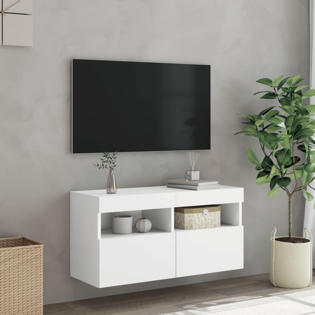 Sienas TV skapis ar LED gaismām, balts, 80x30x40 cm