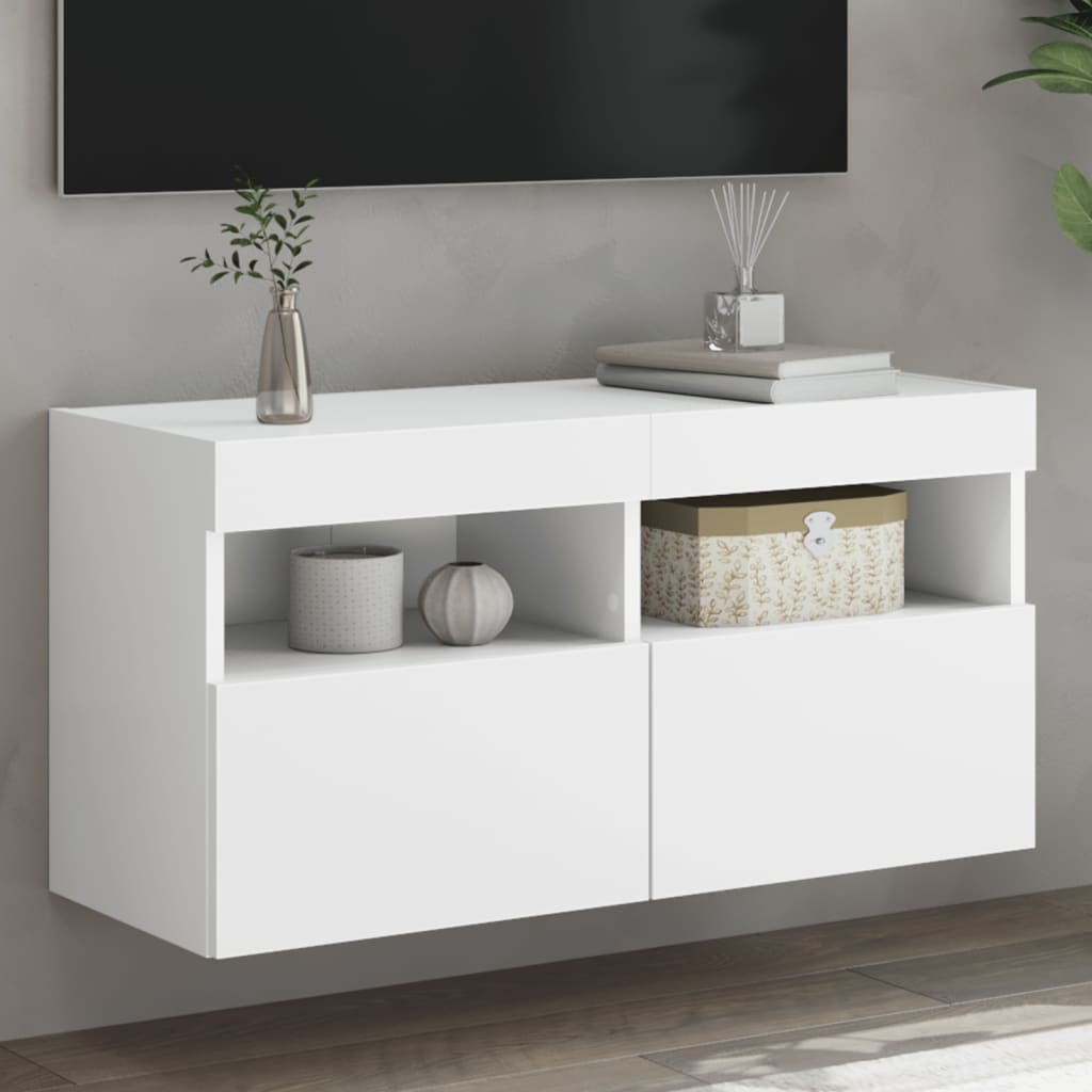 Sienas TV skapis ar LED gaismām, balts, 80x30x40 cm
