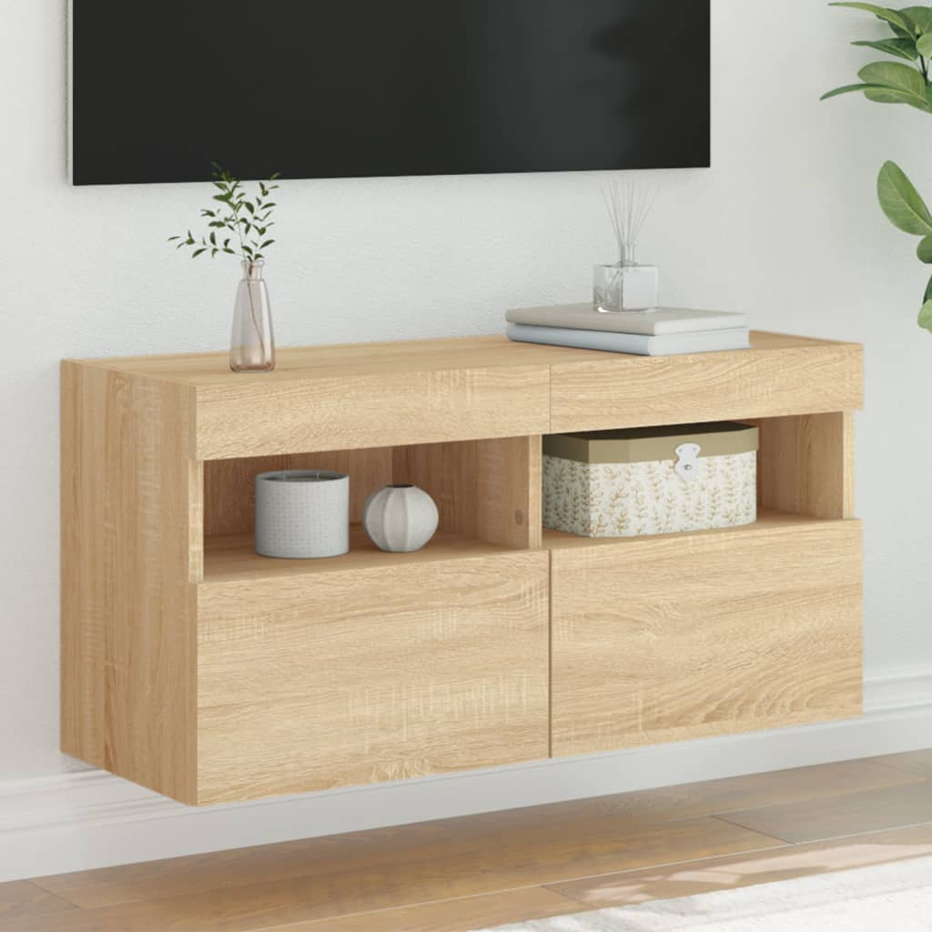 Sieninė TV spintelė su LED lemputėmis, ąžuolo, 80x30x40cm