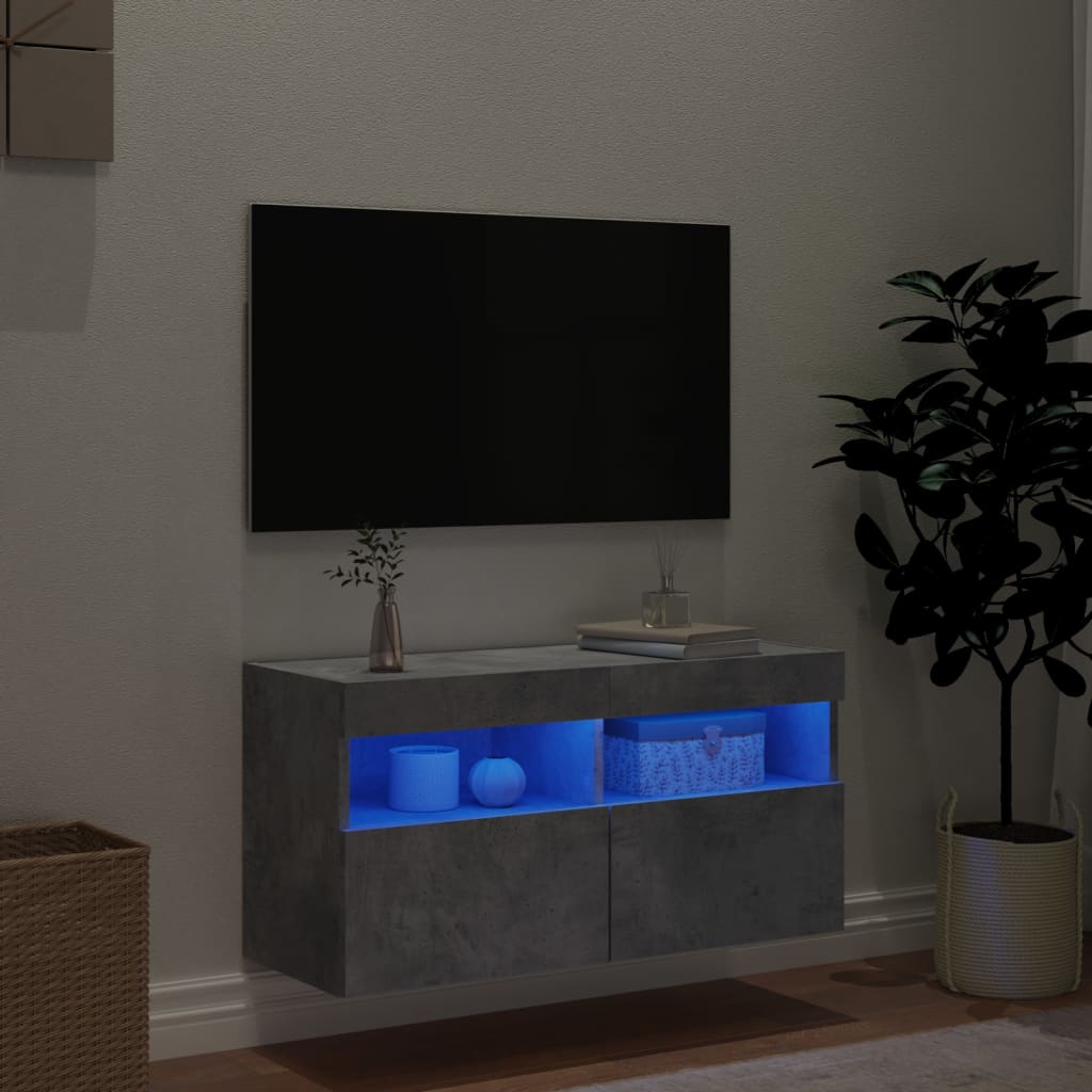 Sieninė TV spintelė su LED lemputėmis, betono pilka, 80x30x40cm