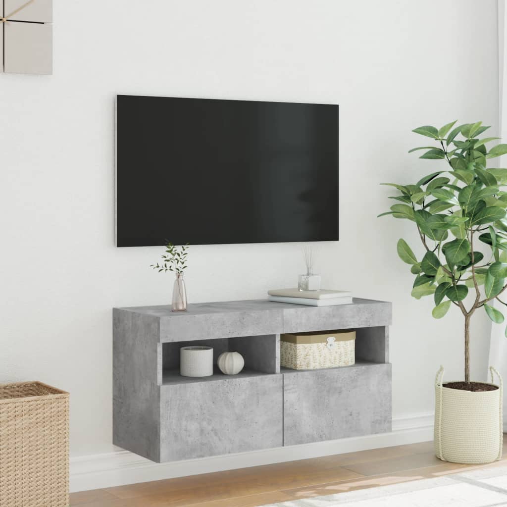 Sieninė TV spintelė su LED lemputėmis, betono pilka, 80x30x40cm
