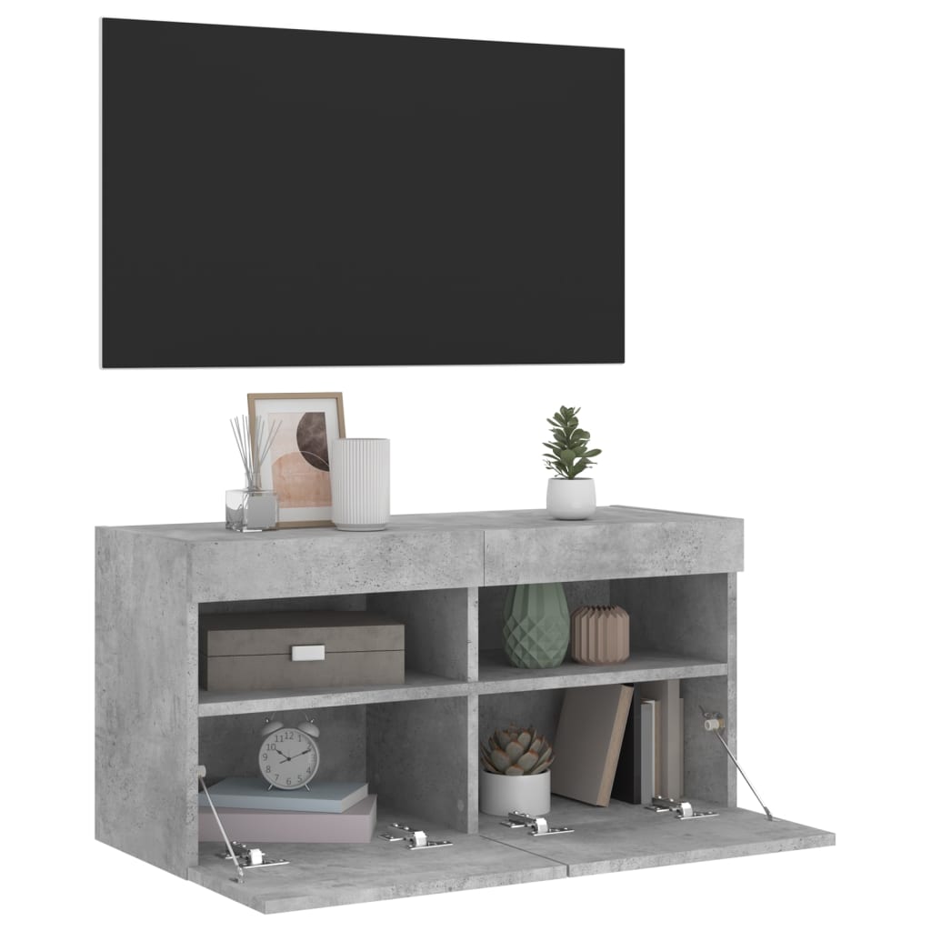 Sieninė TV spintelė su LED lemputėmis, betono pilka, 80x30x40cm