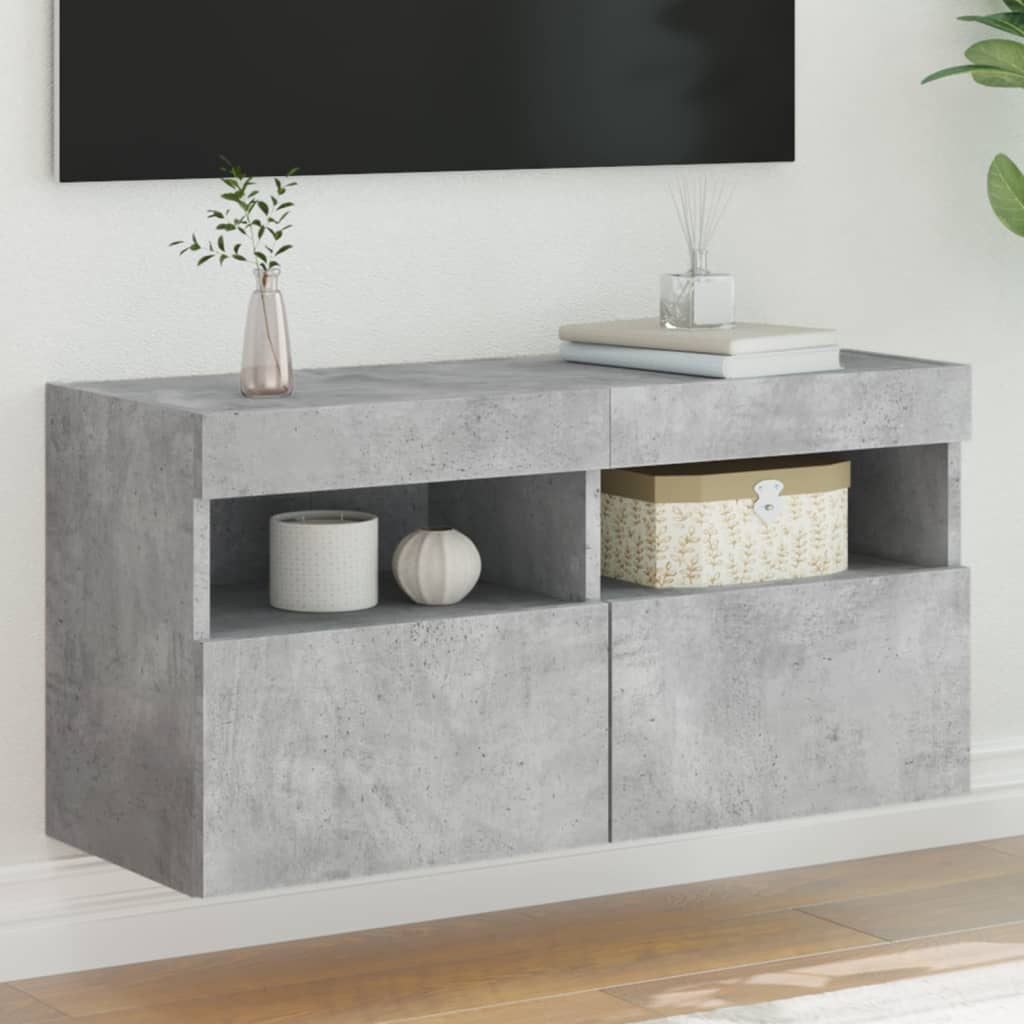 Sieninė TV spintelė su LED lemputėmis, betono pilka, 80x30x40cm