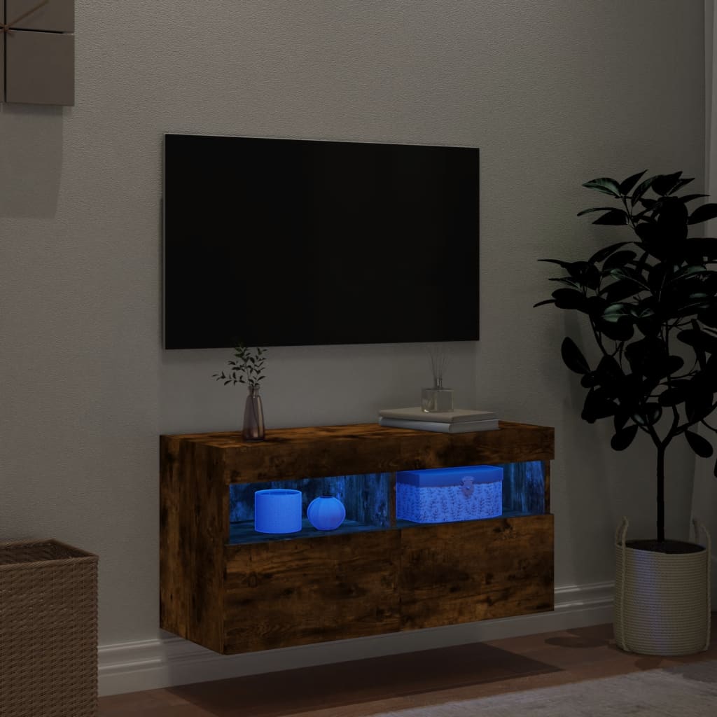 Sieninė TV spintelė su LED lemputėmis, dūminė, 80x30x40cm