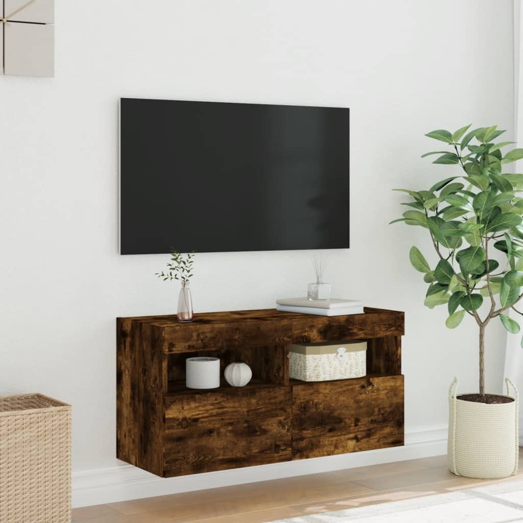 Sieninė TV spintelė su LED lemputėmis, dūminė, 80x30x40cm