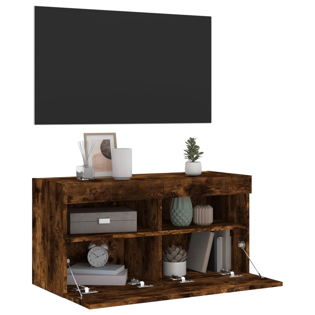 Sieninė TV spintelė su LED lemputėmis, dūminė, 80x30x40cm