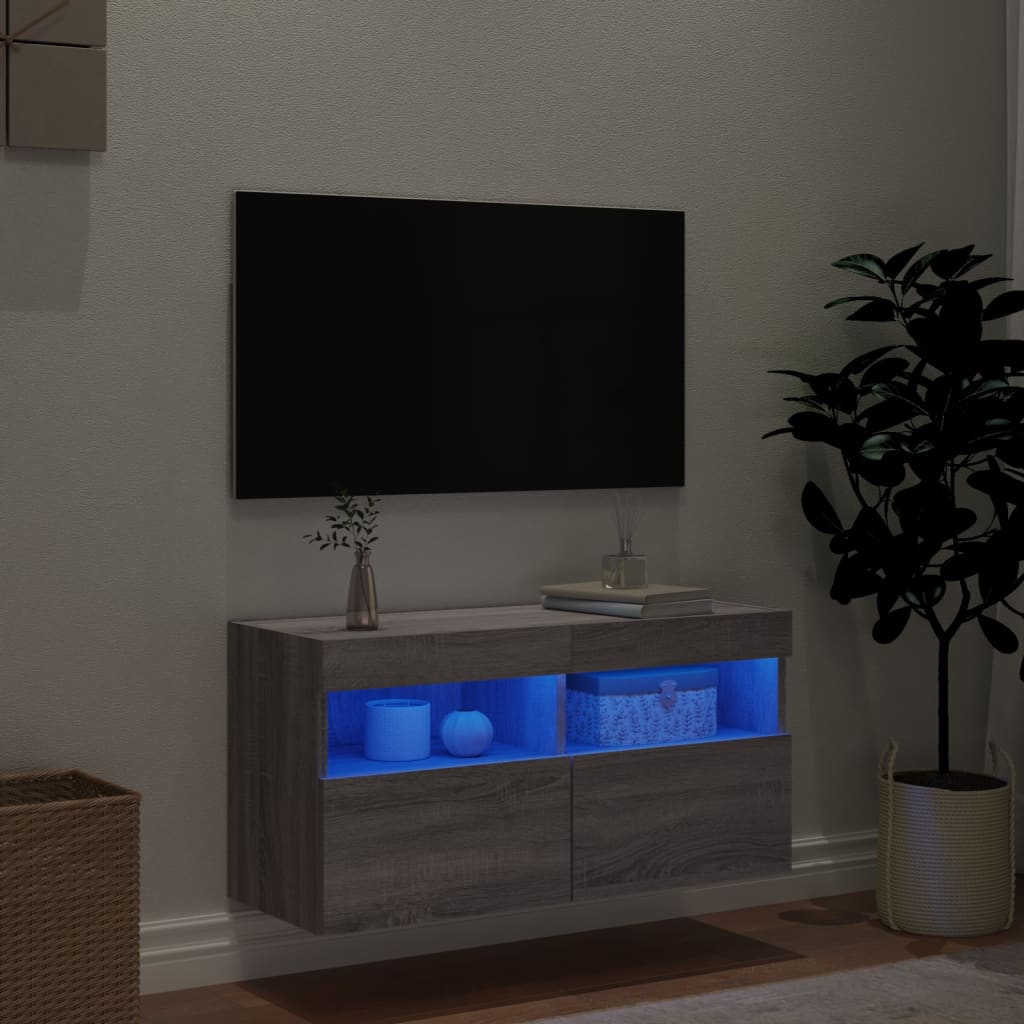 Wall-mounted TV cabinet with LED lights, grey oak, 80x30x40cm
