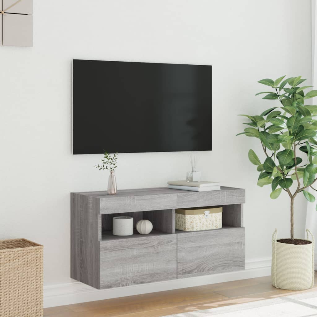 Wall-mounted TV cabinet with LED lights, grey oak, 80x30x40cm
