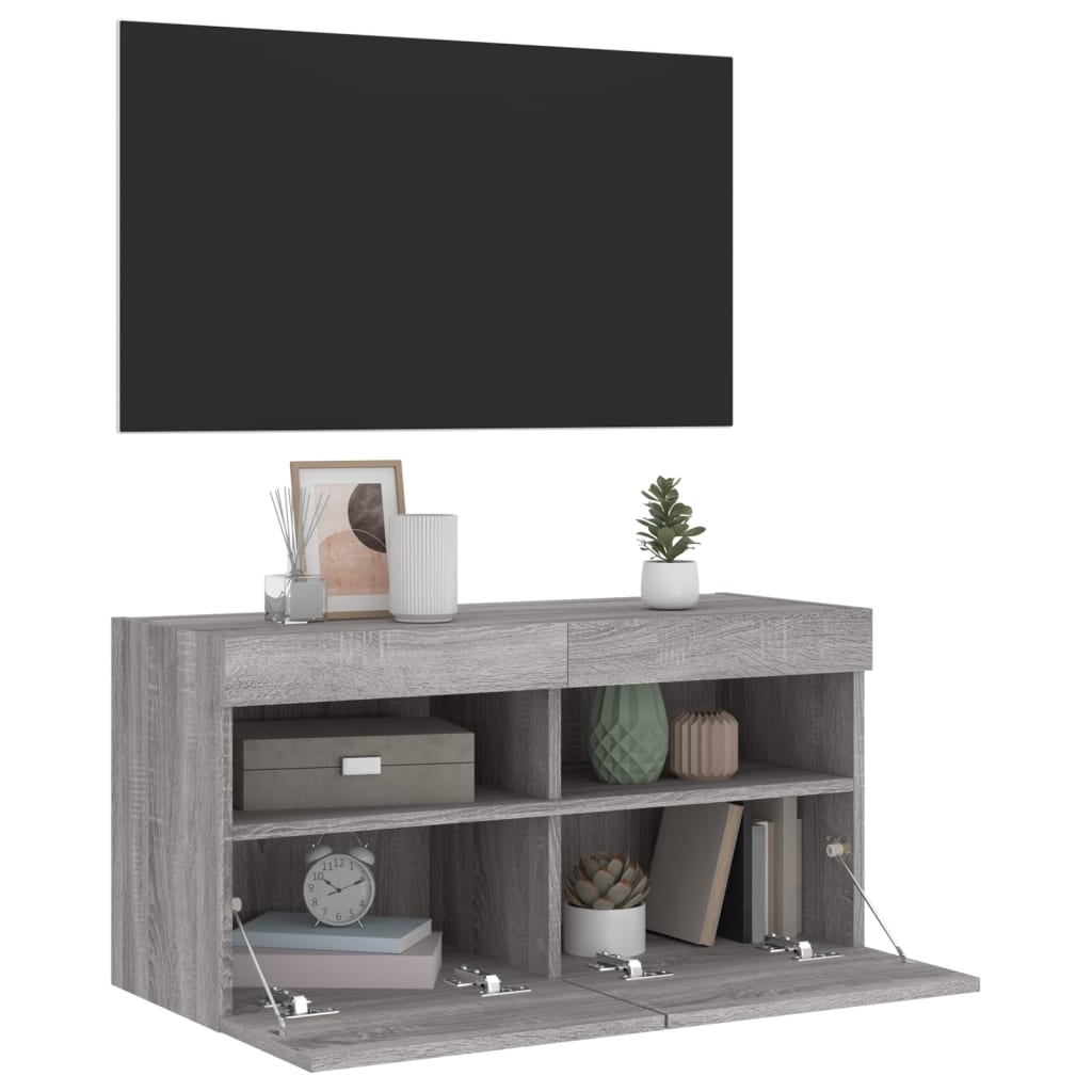 Wall-mounted TV cabinet with LED lights, grey oak, 80x30x40cm