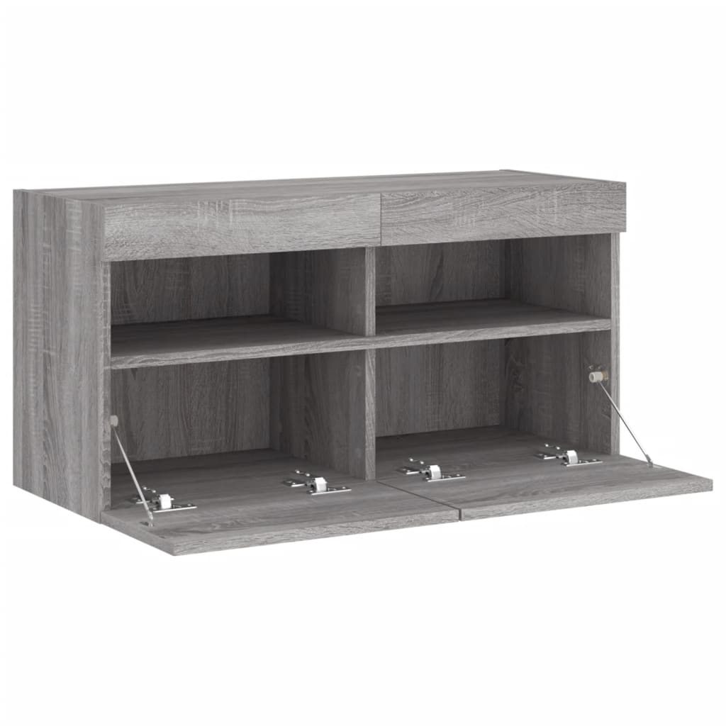 Wall-mounted TV cabinet with LED lights, grey oak, 80x30x40cm