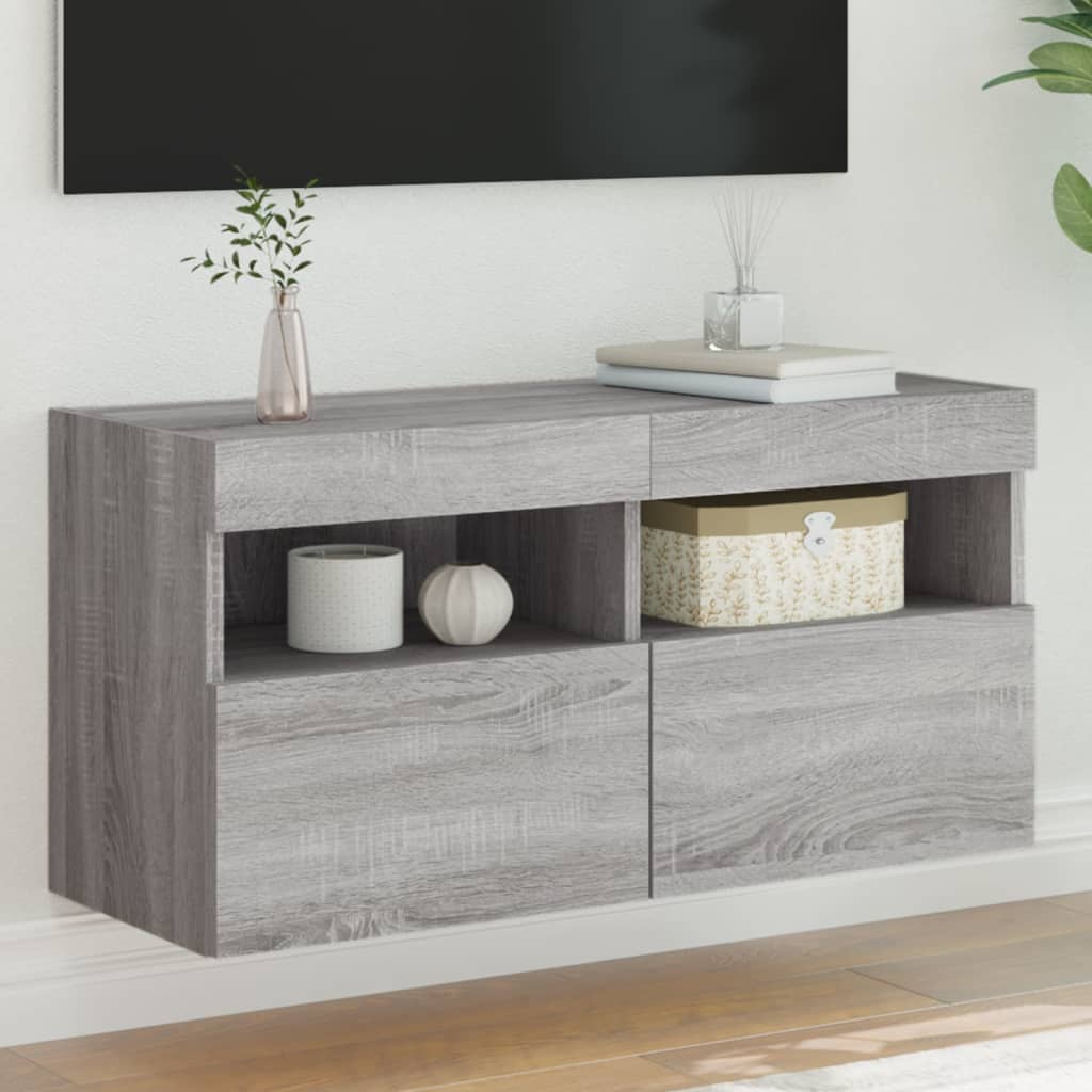 Wall-mounted TV cabinet with LED lights, grey oak, 80x30x40cm
