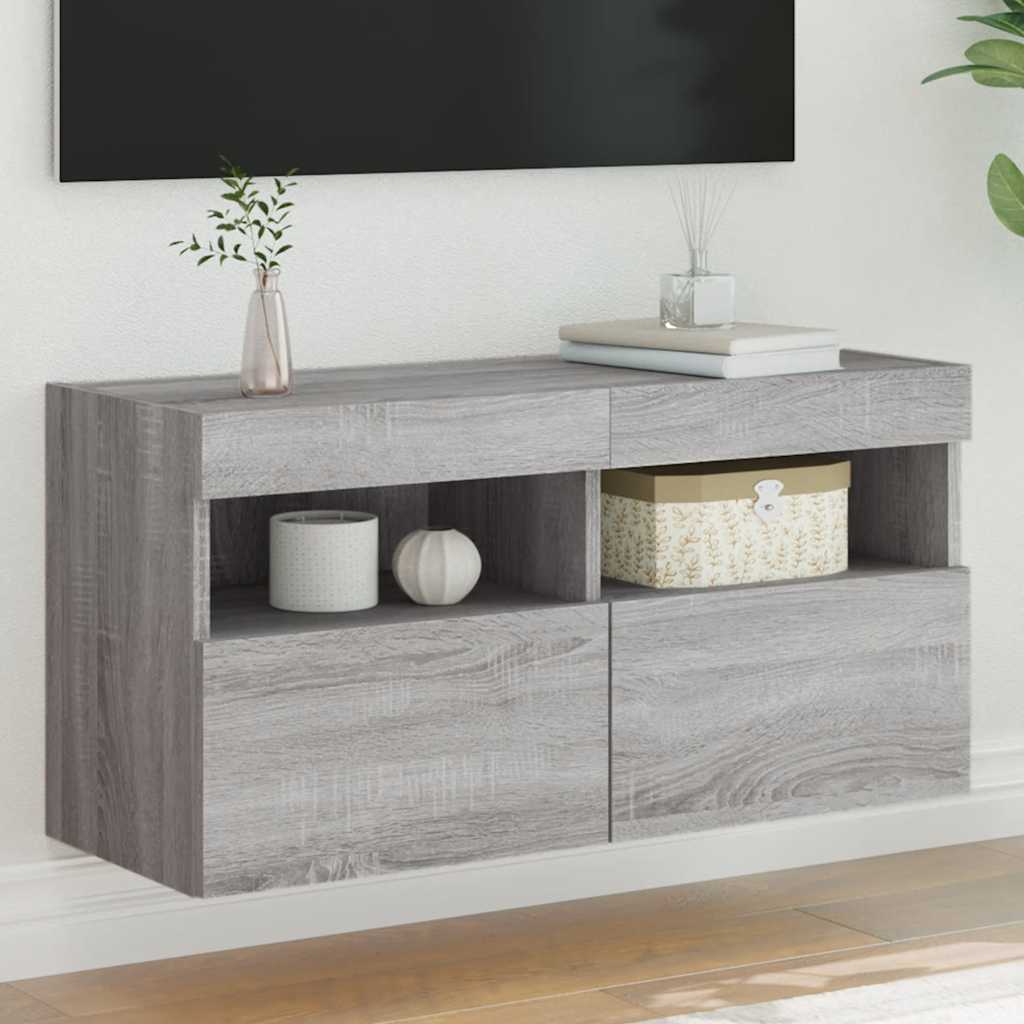 Sieninė TV spintelė su LED lemputėmis, pilka ąžuolo, 80x30x40cm