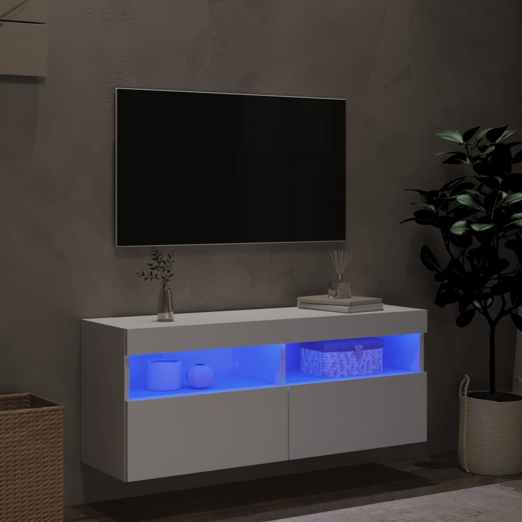 Wall-mounted TV cabinet with LED lights, white, 100x30x40cm