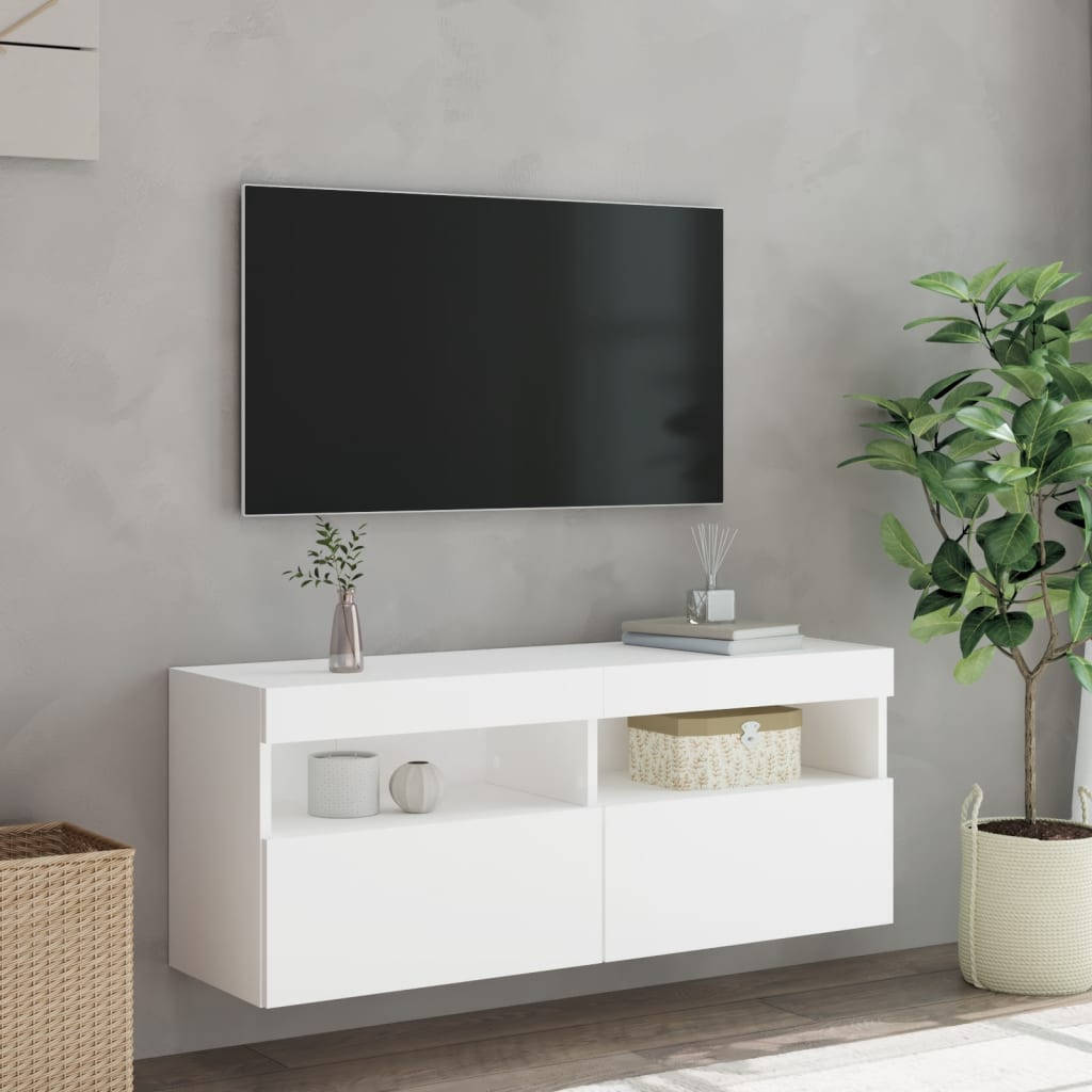 Wall-mounted TV cabinet with LED lights, white, 100x30x40cm