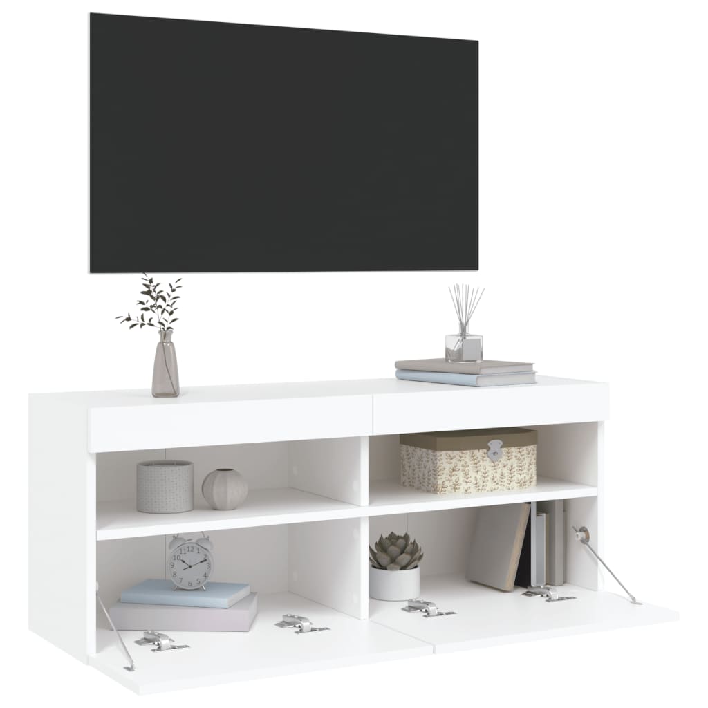 Wall-mounted TV cabinet with LED lights, white, 100x30x40cm