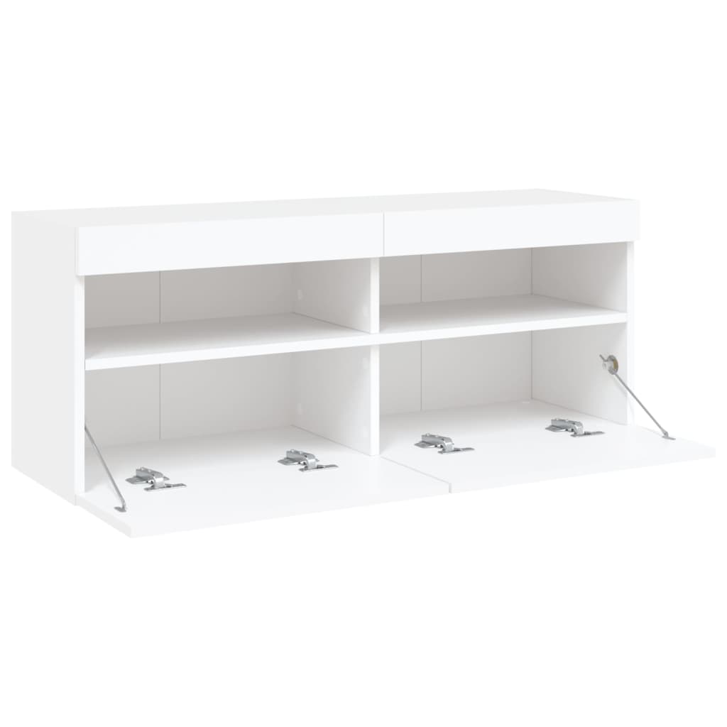 Wall-mounted TV cabinet with LED lights, white, 100x30x40cm