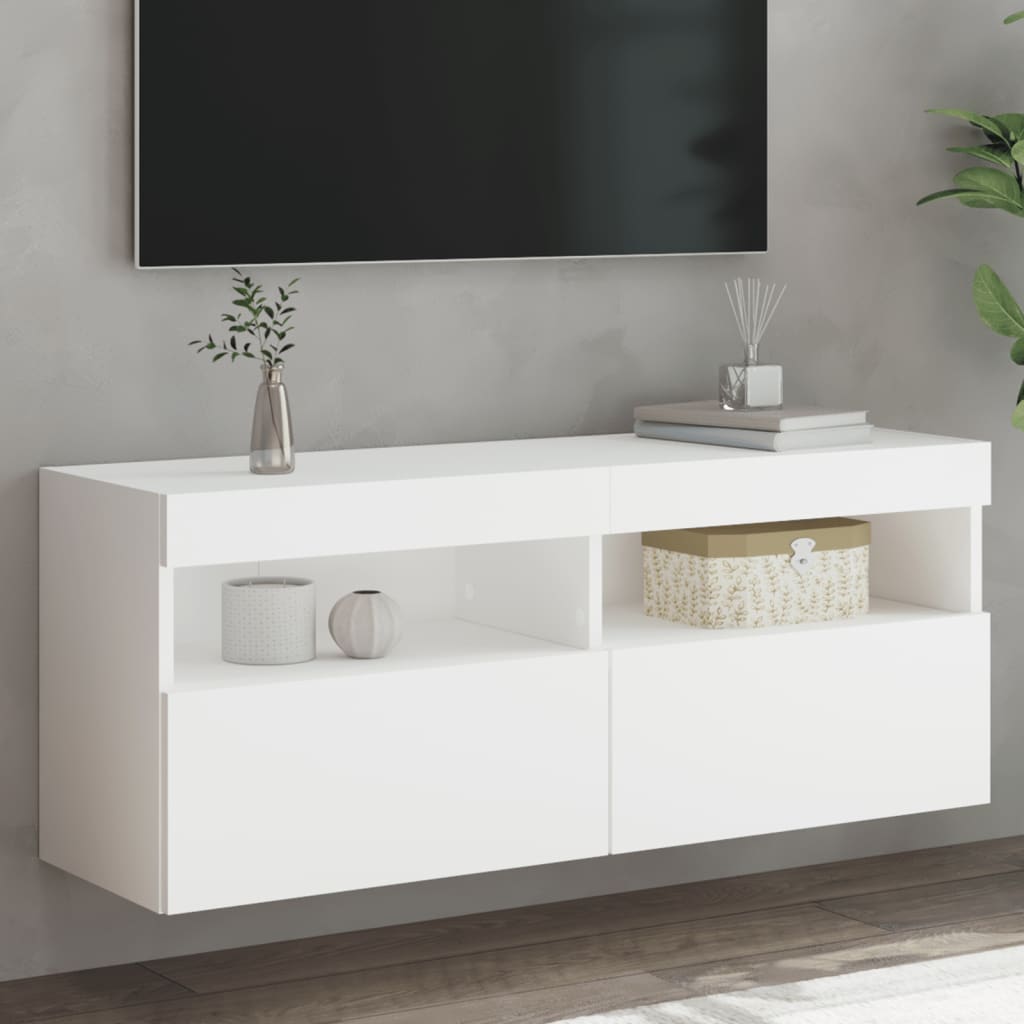 Wall-mounted TV cabinet with LED lights, white, 100x30x40cm