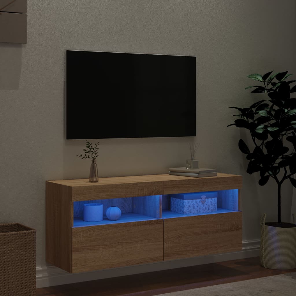 Pie sienas stiprināms TV skapītis ar LED apgaismojumu, ozolkoka, 100x30x40 cm