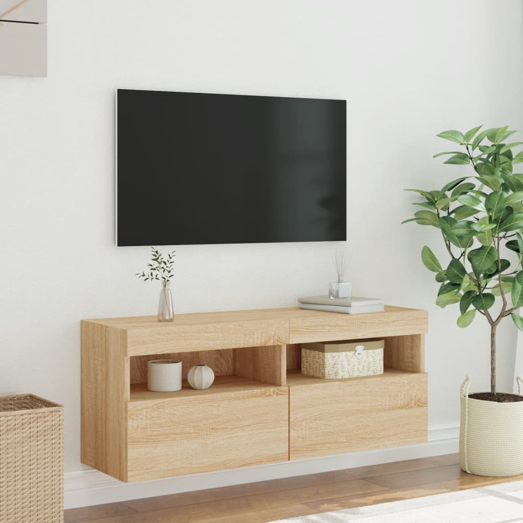 Pie sienas stiprināms TV skapītis ar LED apgaismojumu, ozolkoka, 100x30x40 cm