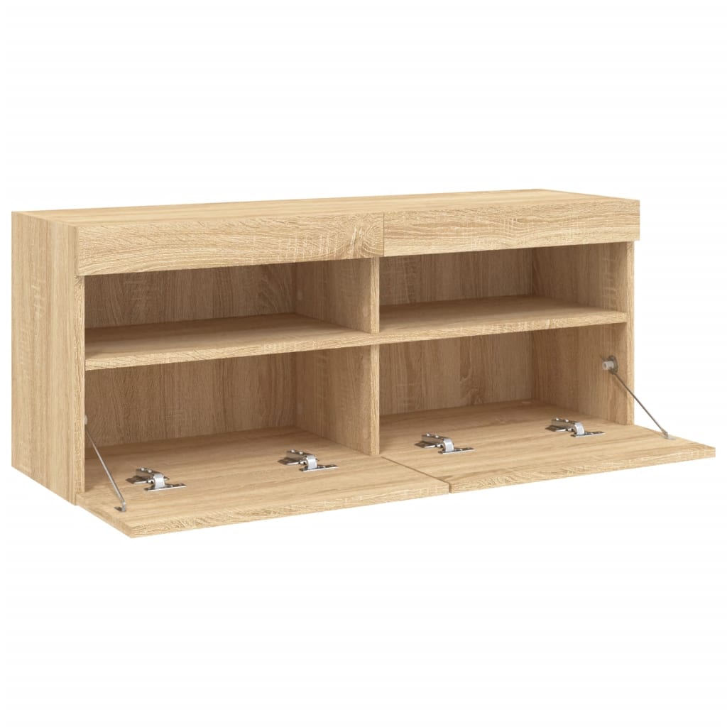 Sieninė TV spintelė su LED lemputėmis, ąžuolo, 100x30x40cm