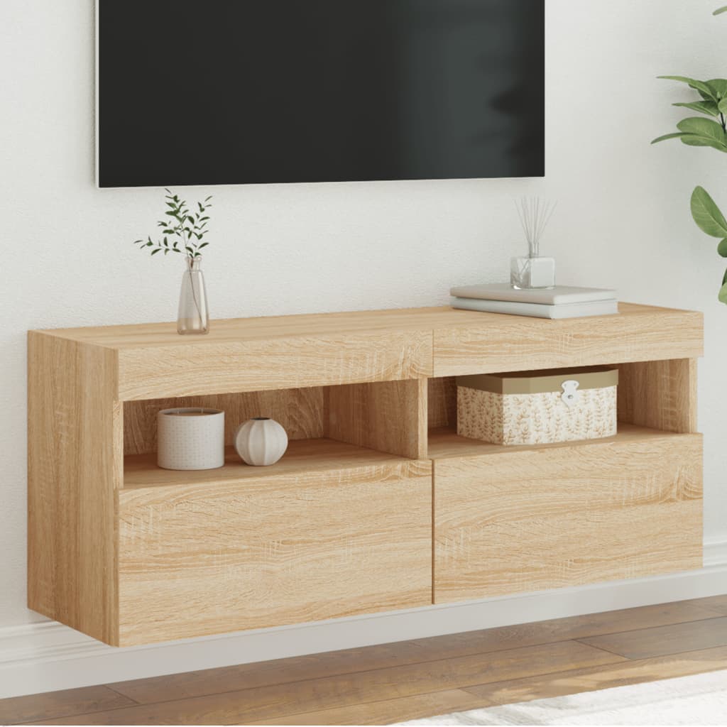 Pie sienas stiprināms TV skapītis ar LED apgaismojumu, ozolkoka, 100x30x40 cm