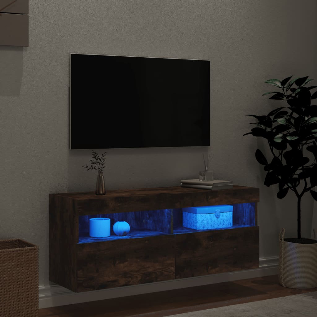 Pie sienas stiprināms TV skapītis ar LED apgaismojumu, dūmu krāsas, 100x30x40cm