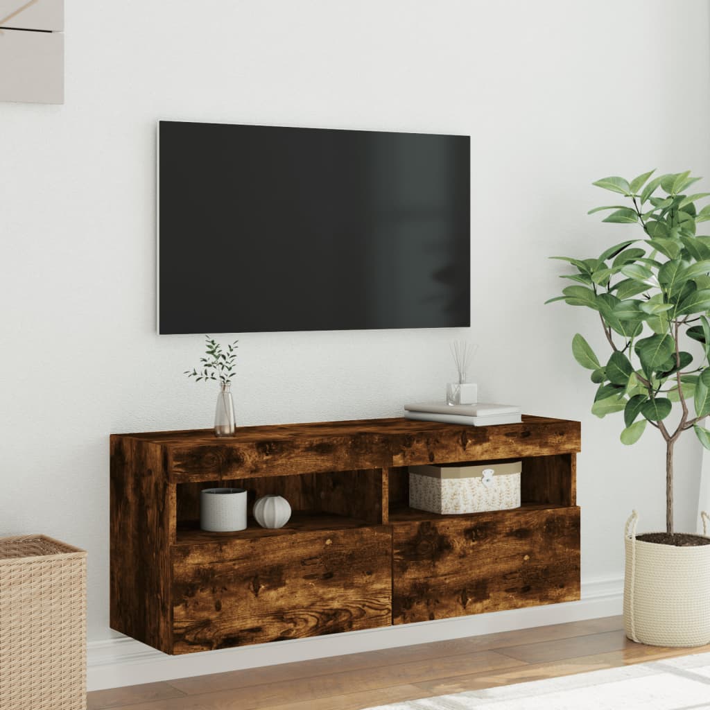 Sieninė TV spintelė su LED lemputėmis, dūminė, 100x30x40cm