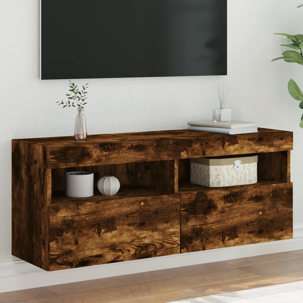 Pie sienas stiprināms TV skapītis ar LED apgaismojumu, dūmu krāsas, 100x30x40cm