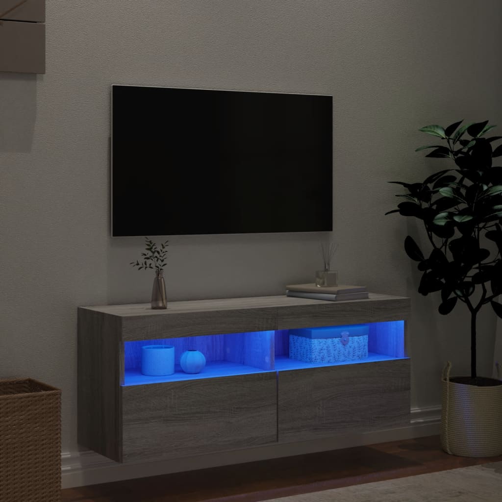Wall Mounted TV Cabinet with LED Lights, Grey, 100x30x40cm