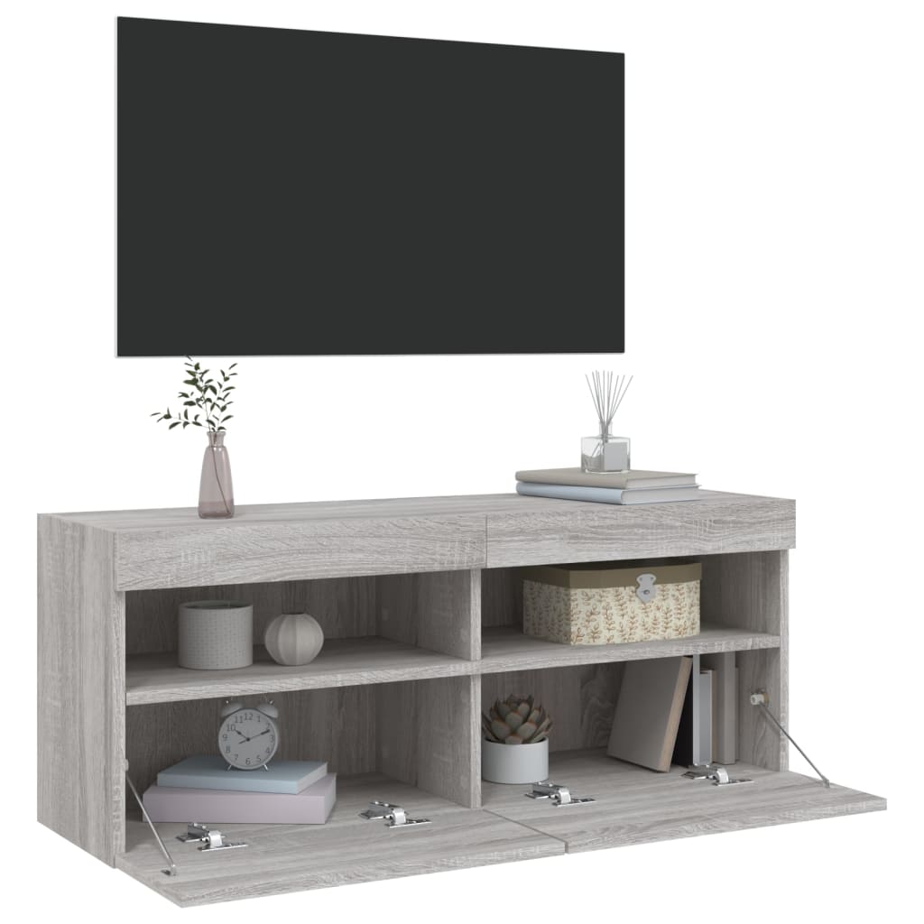 Wall Mounted TV Cabinet with LED Lights, Grey, 100x30x40cm