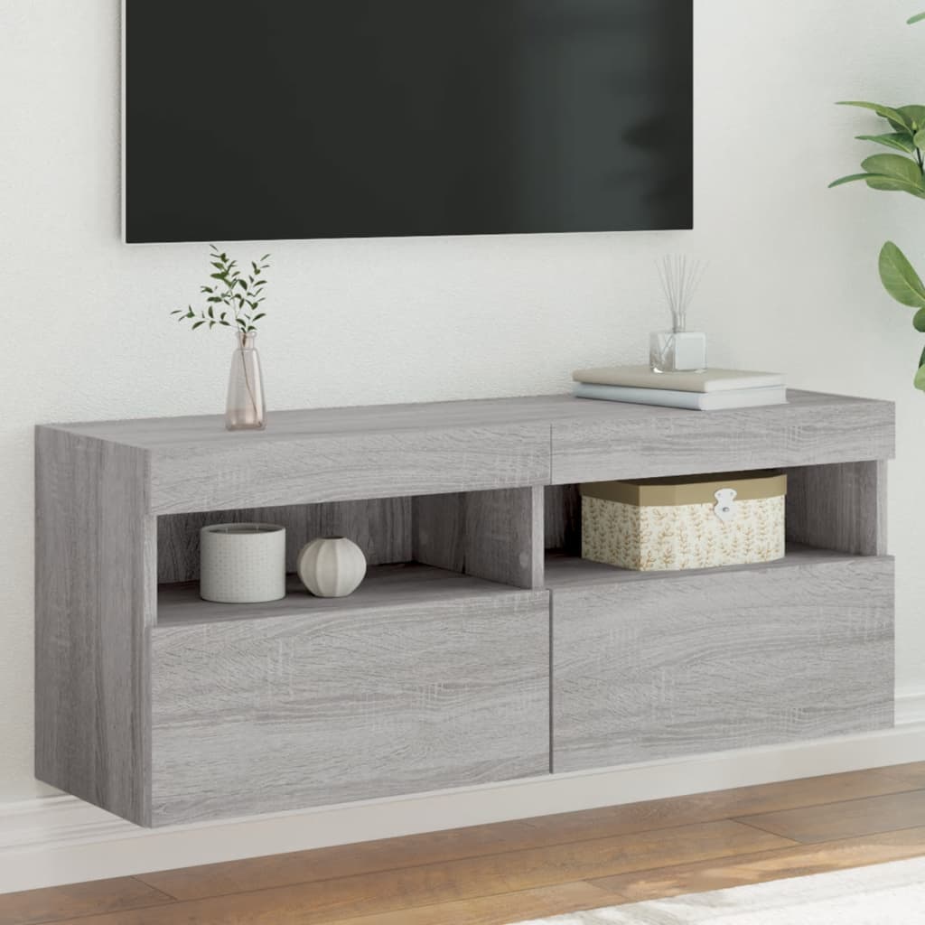 Wall Mounted TV Cabinet with LED Lights, Grey, 100x30x40cm