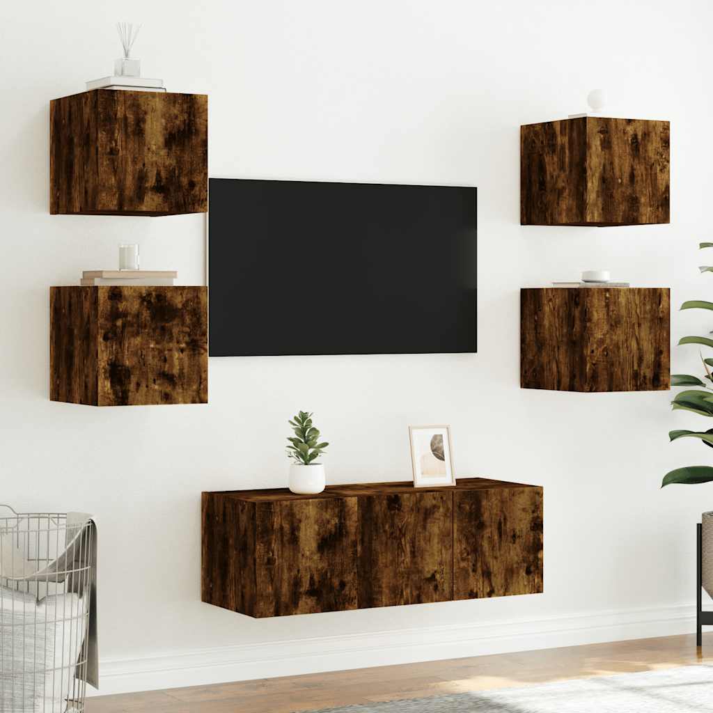 Sieninė TV spintelė su LED lemputėmis, dūminė, 30,5x35x30cm