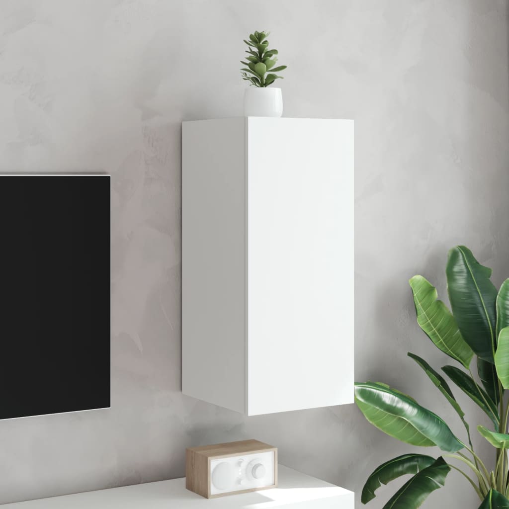 Sieninė TV spintelė su LED lemputėmis, balta, 30,5x35x70cm