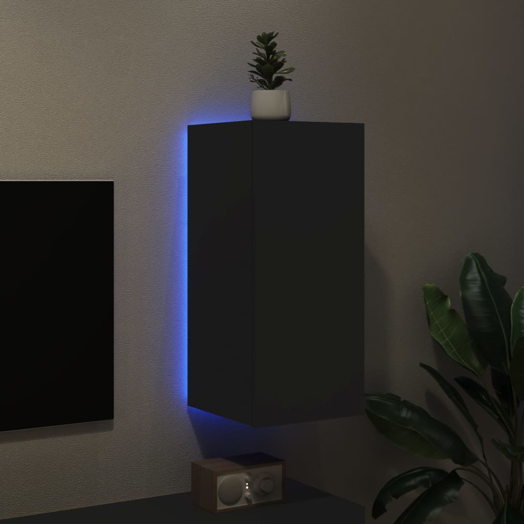 Sienas TV skapītis ar LED gaismām, melns, 30,5x35x70cm