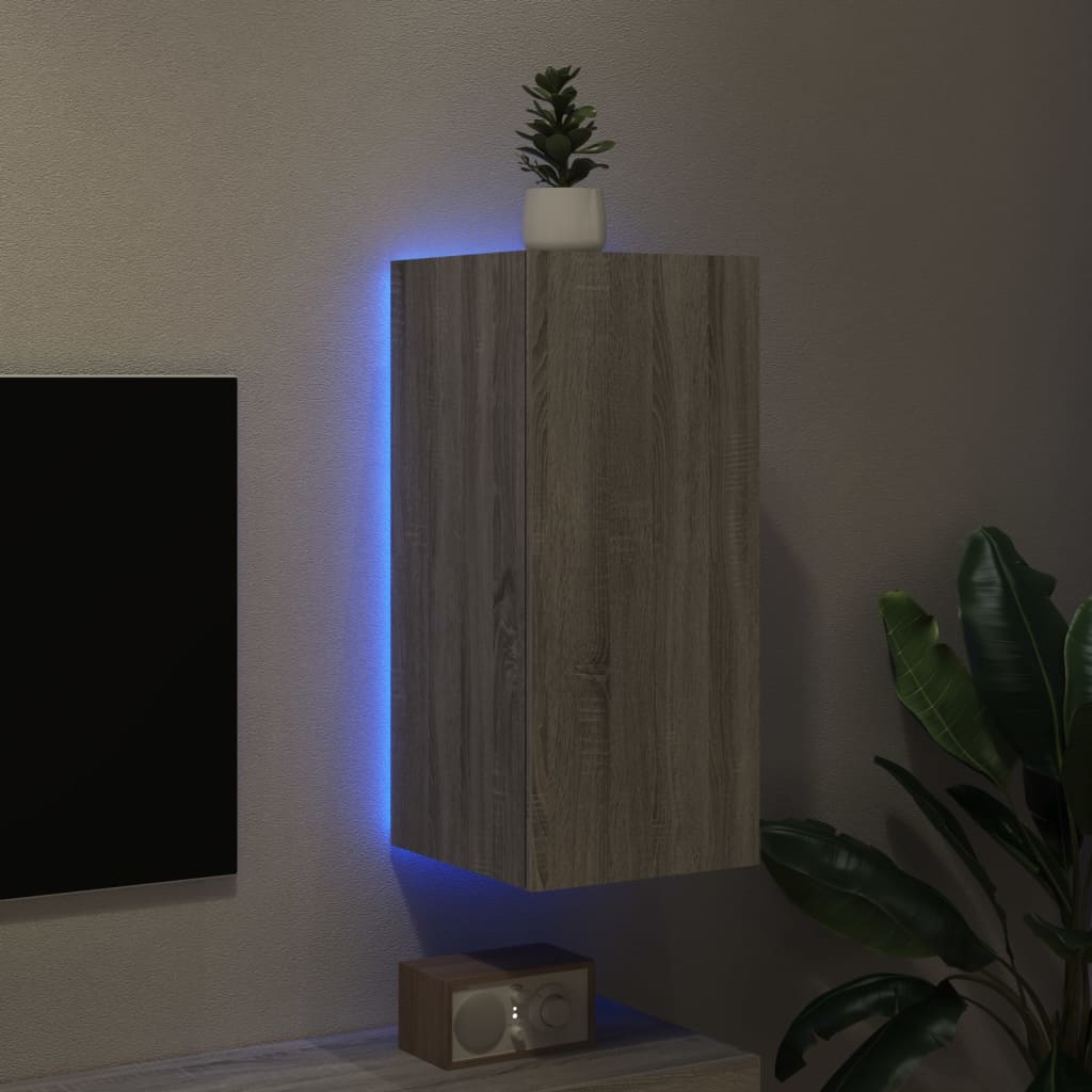 Sieninė TV spintelė su LED lemputėmis, pilka, 30,5x35x70cm