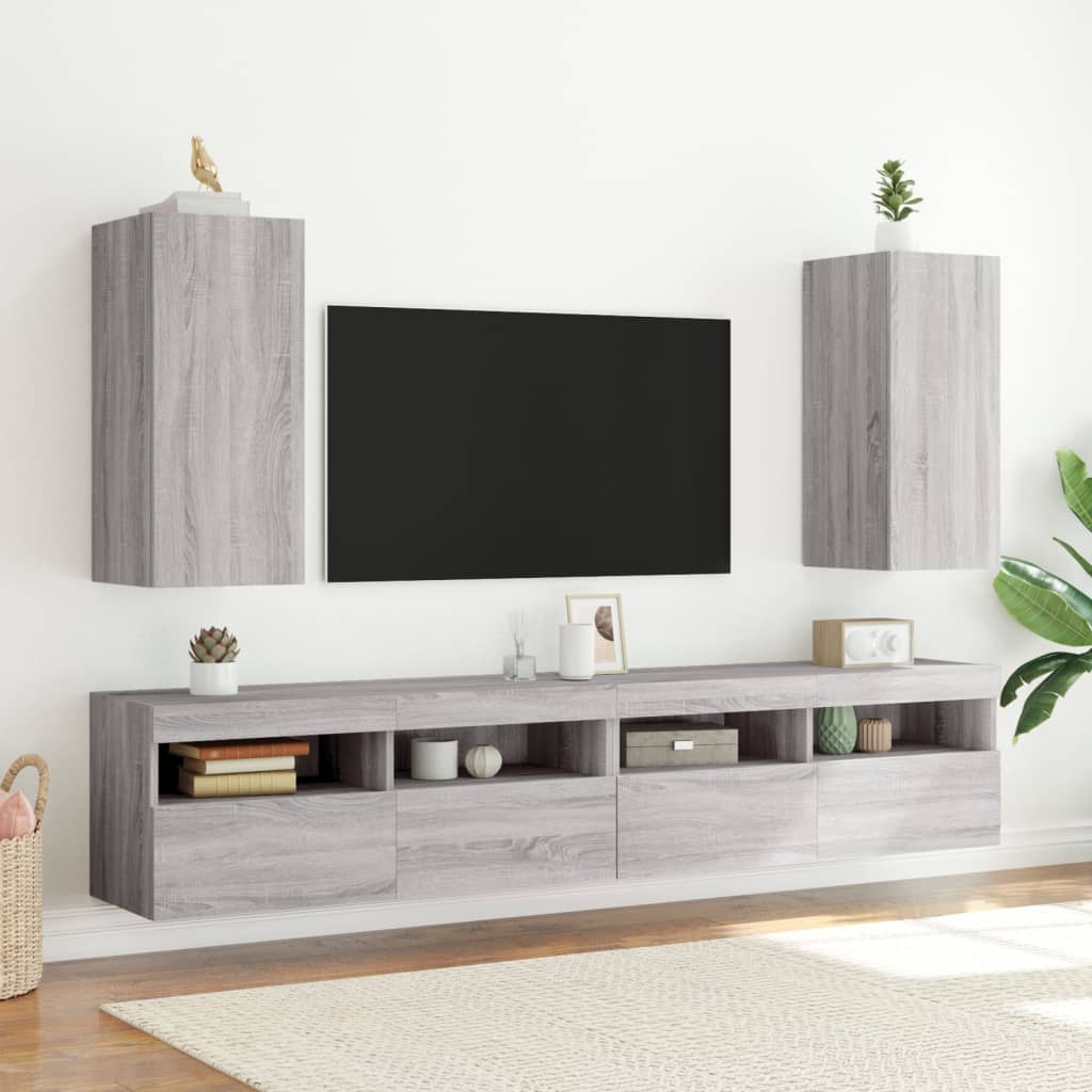 Sieninė TV spintelė su LED lemputėmis, pilka, 30,5x35x70cm