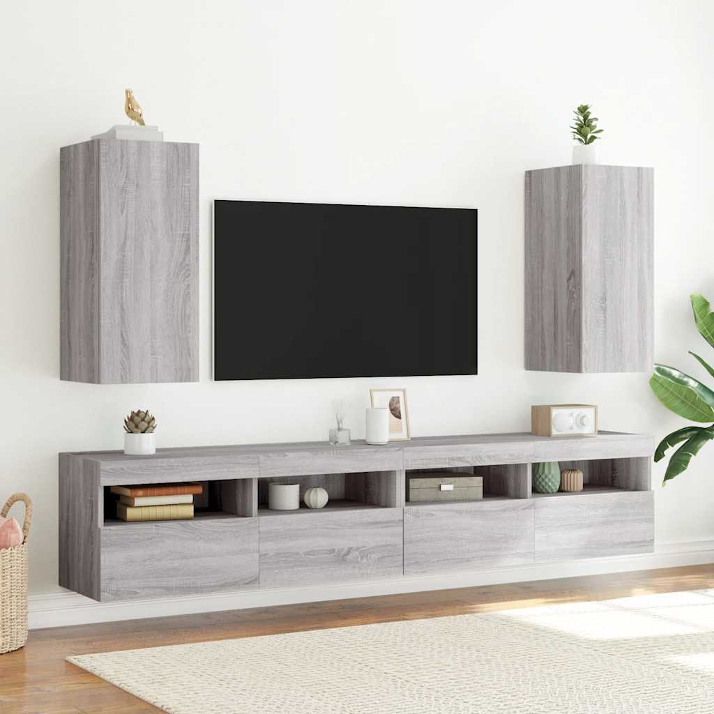 Sieninė TV spintelė su LED lemputėmis, pilka, 30,5x35x70cm