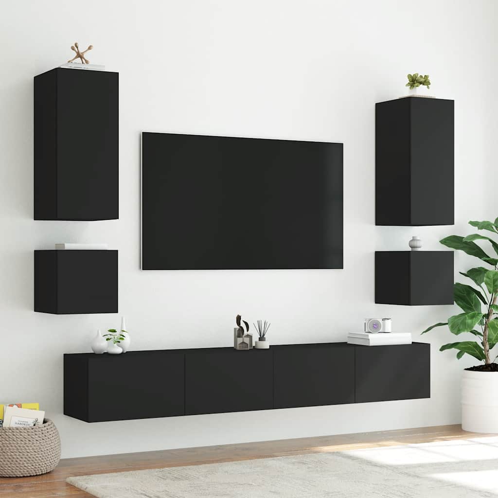 Pie sienas stiprināmi TV skapīši ar LED apgaismojumu, 2 gab., melni, 40,5x35x40 cm