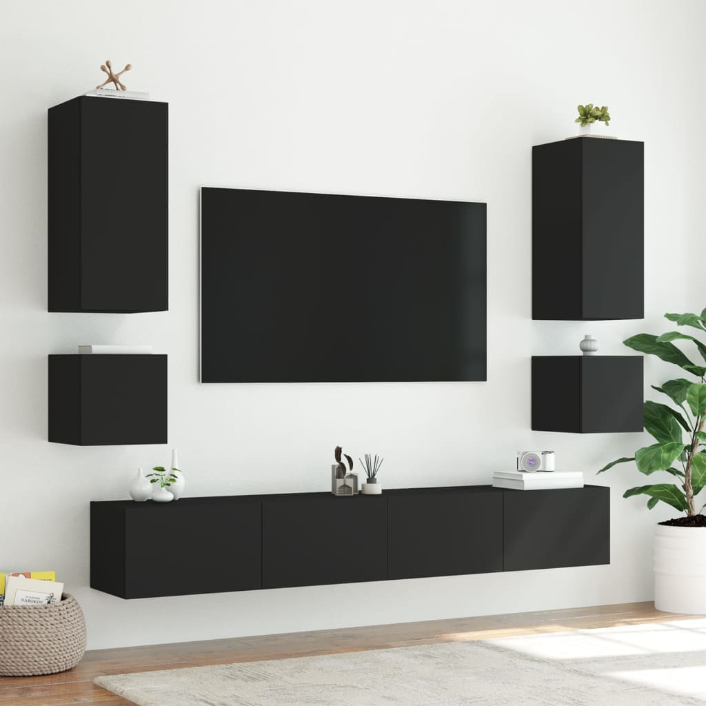 Pie sienas stiprināmi TV skapīši ar LED apgaismojumu, 2 gab., melni, 40,5x35x40 cm