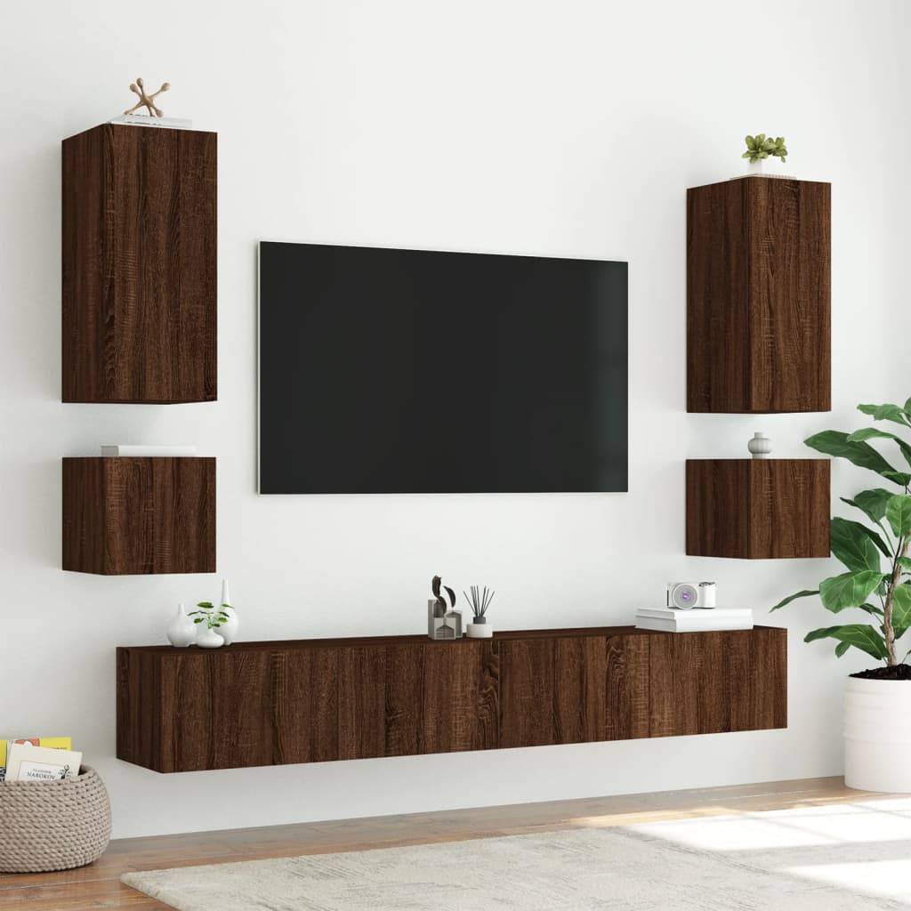 Wall-mounted TV Cabinets with LED, 2 pcs., brown, 40.5x35x40cm