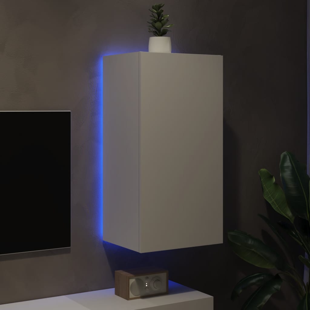 Pie sienas stiprināms TV skapītis ar LED apgaismojumu, balts, 40,5x35x80cm