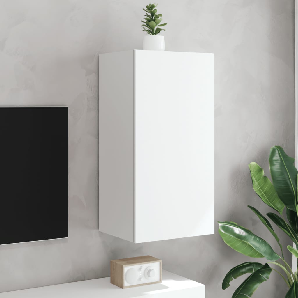 Pie sienas stiprināms TV skapītis ar LED apgaismojumu, balts, 40,5x35x80cm