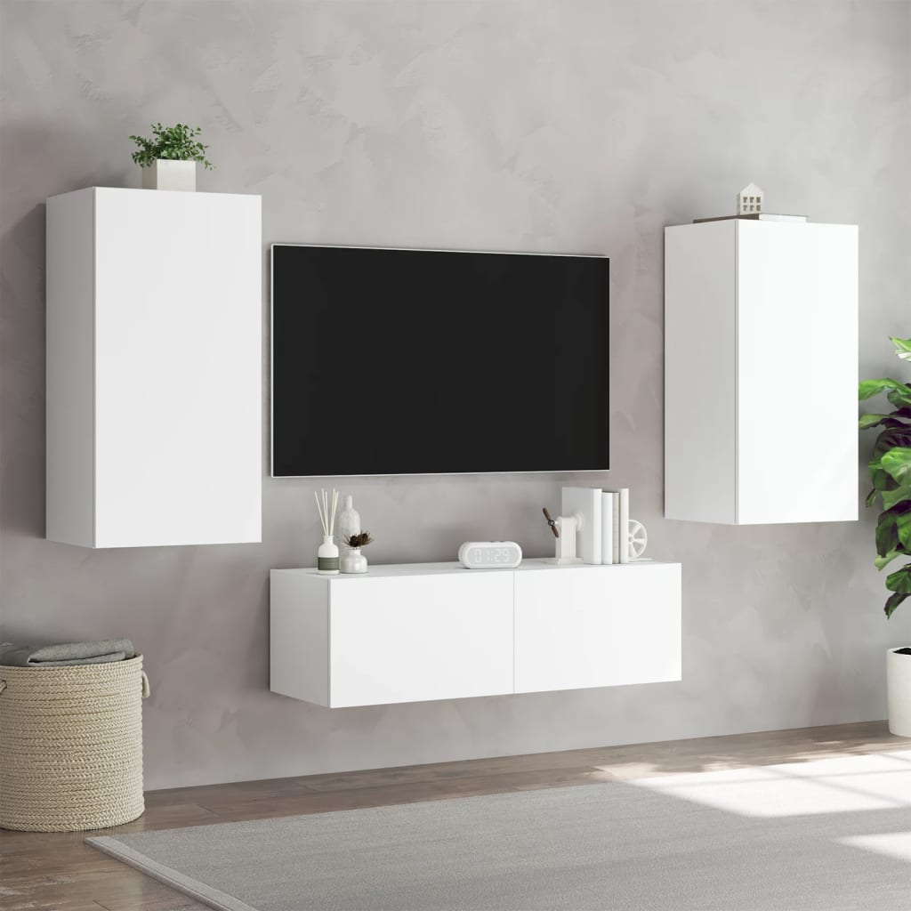 Pie sienas stiprināms TV skapītis ar LED apgaismojumu, balts, 40,5x35x80cm