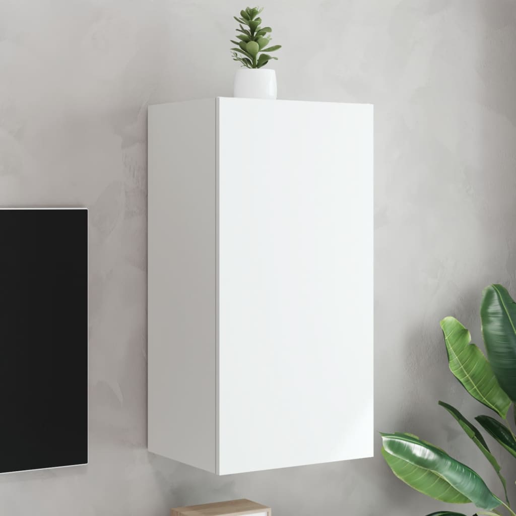 Pie sienas stiprināms TV skapītis ar LED apgaismojumu, balts, 40,5x35x80cm